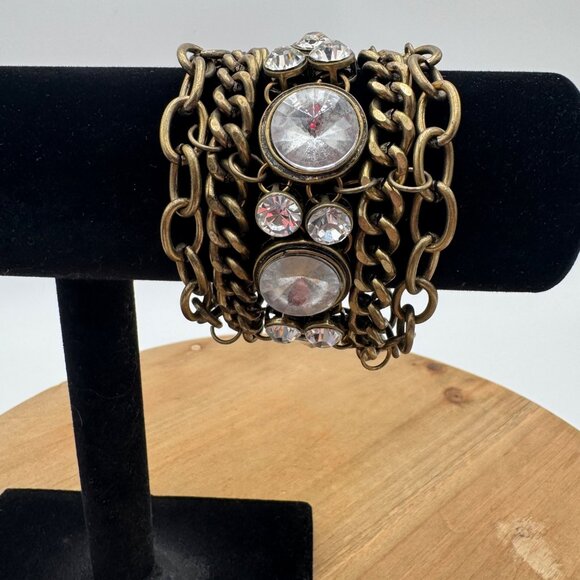 Vintage bronze tone 5 chain chunky rhinestone statement bracelet - Picture 2 of 7